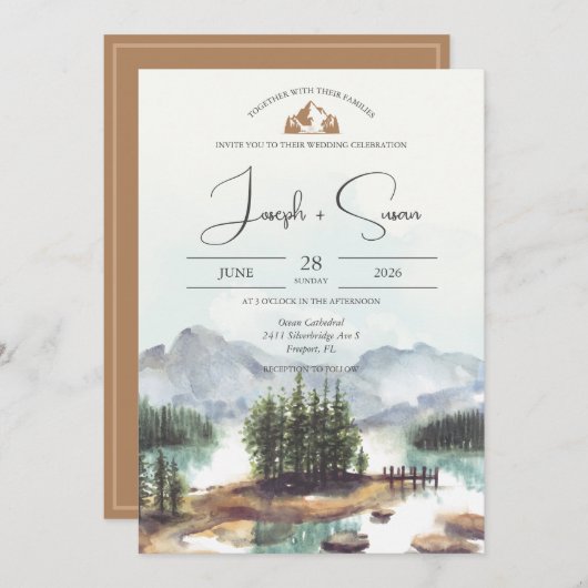 水素朴色マウンテンレイクパインツリーズ結婚 招待状 (正面/裏面)