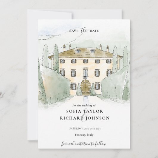 水素朴色マナーハウスイタリア日付を保存 招待状 (正面)