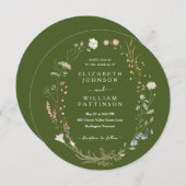 水素朴色モスグリーンワイルドフラワー結婚ズ 招待状 (正面/裏面)