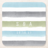 水素朴色モノグラストライプムビーチ結婚式 スクエアペーパーコースター (正面)