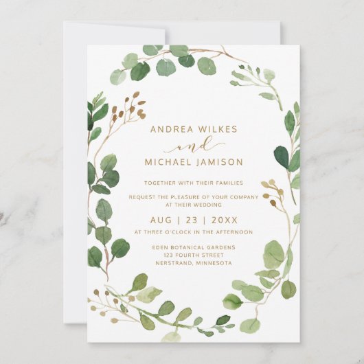 水素朴色ユーカリ緑の木結婚の 招待状 (正面)