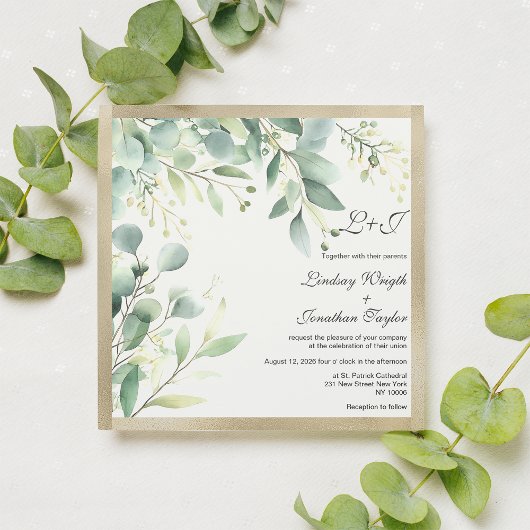 水素朴色ユーカリ緑金ゴールド結婚 招待状
