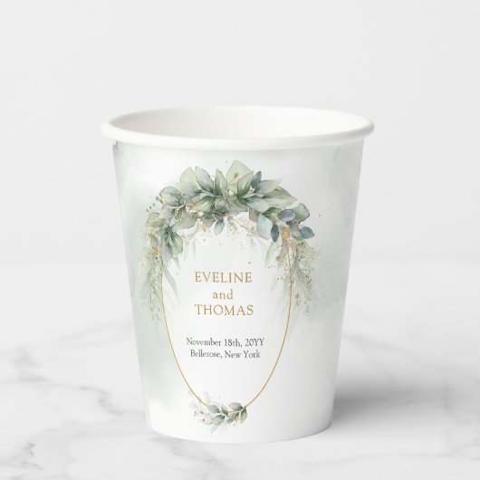 水素朴色ユーカリ緑金ゴールド結婚 紙コップ (正面)