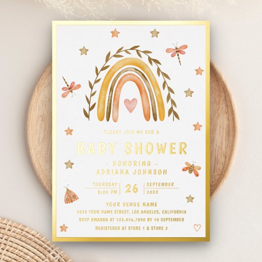 水素朴色レインボー自然ベビーシャワー金ゴールド 箔招待状