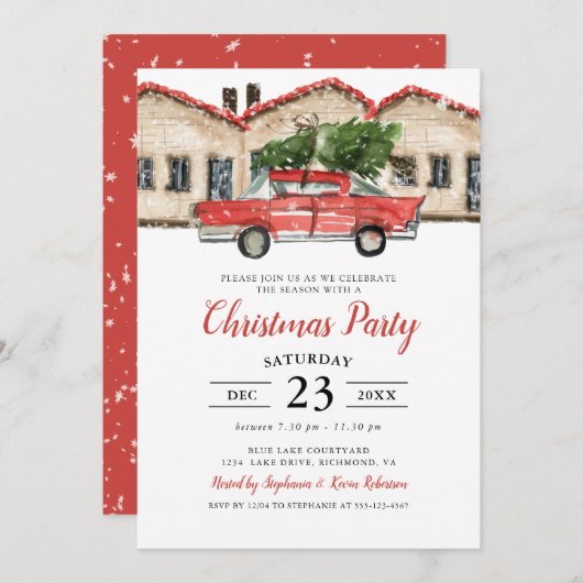 水素朴色レッドトラックハウスクリスマスパーティー 招待状 (正面/裏面)