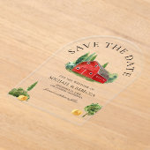 水素朴色レッドバーンウェディング日付を保存 アクリル招待状 (レイダウン)