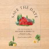 水素朴色レッドバーンウェディング日付を保存 アクリル招待状 (正面)