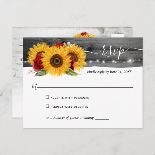 水素朴色レッドローズサンフラワーウェディングRSVP ポストカード (正面/裏面)