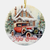 水素朴色レトロ車とクリスマスハウス セラミックオーナメント (正面)