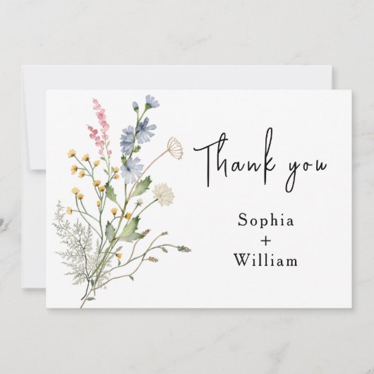 水素朴色ワイルドフラワーテーマモダン結婚ズ サンキューカード (正面)