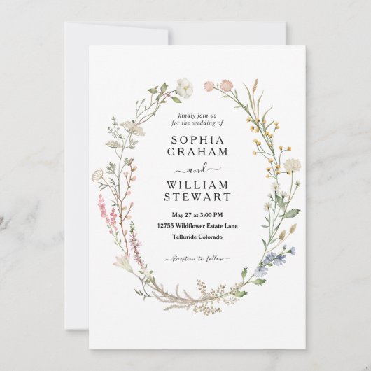 水素朴色ワイルドフラワーテーマ春の結婚式 招待状 (正面)
