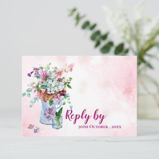 水素朴色ワイルドフラワーピンク結婚フローラ 出欠カード (スタンド正面)