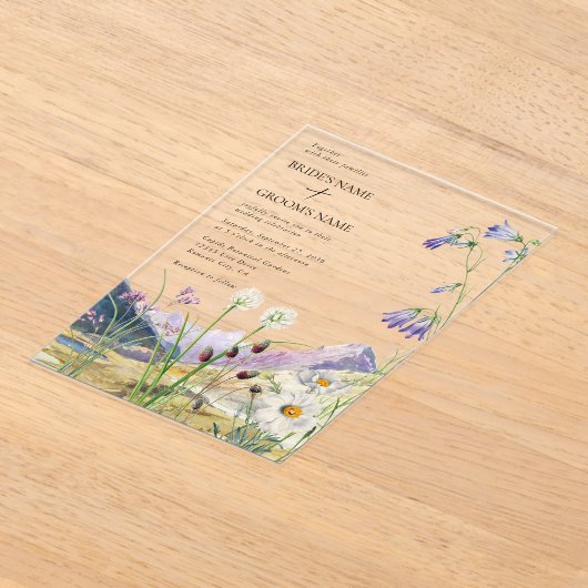 水素朴色ワイルドフラワーマウンテン結婚ズ アクリル招待状 (レイダウン)