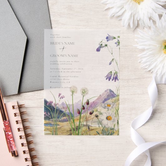 水素朴色ワイルドフラワーマウンテン結婚ズ ベラム紙招待状 (ウェディング)