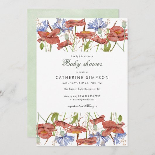 水素朴色ワイルドフラワー赤ちゃんシャワー 招待状 (正面/裏面)