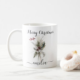 水素朴色松フローラメリークリスマスネーム コーヒーマグカップ