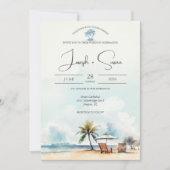 水素朴色海ビーチ&パームツリー結婚ズ 招待状 (正面)