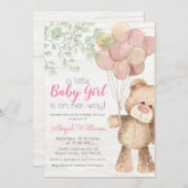 水素朴色熊風船 – 女の子のベビーシャワー 招待状 (正面/裏面)