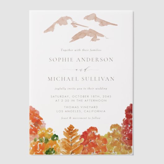 水素朴色秋の森秋の結婚式 ベラム紙招待状 (正面)