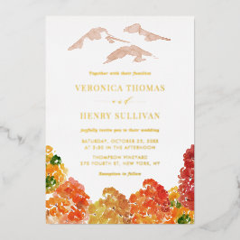 水素朴色秋の森秋の結婚式 箔招待状