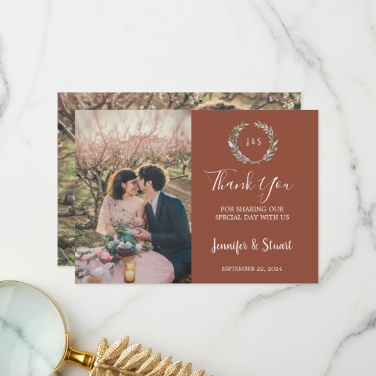 水素朴色葉モノグラ結婚ム写真 サンキューカード (正面/裏面インサイチュ)