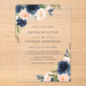 水素朴色赤面とネイビー結婚フラワー アクリル招待状 (正面)