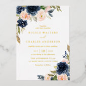 水素朴色赤面とネイビー結婚フラワー 箔招待状 (正面)