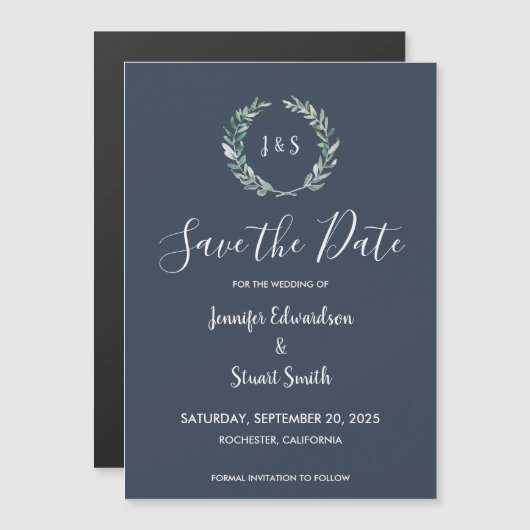 水素朴色離れ濃青の日付を保存 マグネット招待状 (正面/裏面)