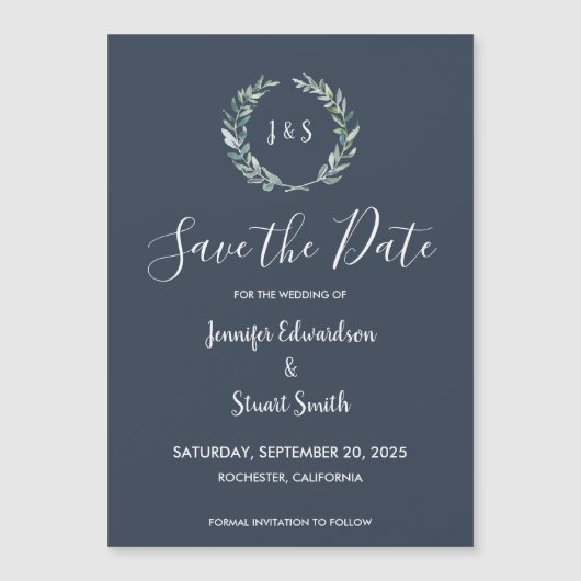 水素朴色離れ濃青の日付を保存 マグネット招待状 (正面)