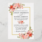 水結婚色サンゴフローラ金ゴールド 箔招待状 (正面)