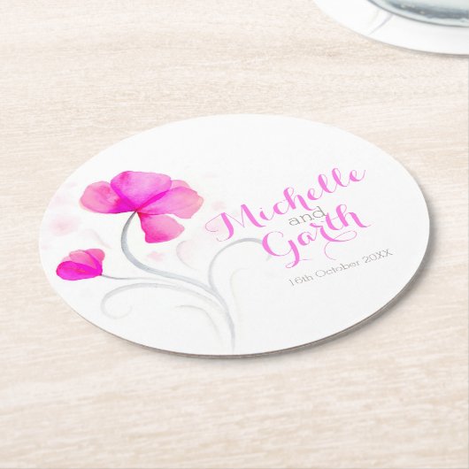 水結婚色フラワーピンク紙コースター ラウンドペーパーコースター (アングル)