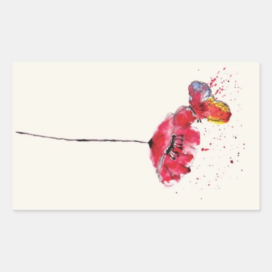 水絵を描色のポピー花 長方形シール (正面)