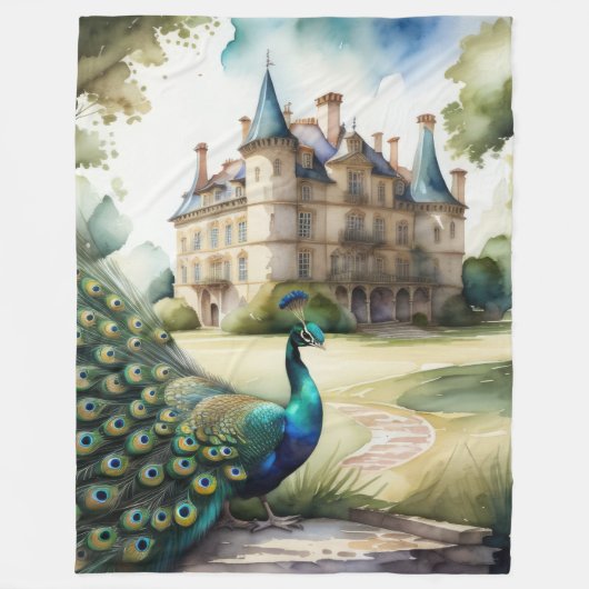 水絵を描色の孔雀とシャトー フリースブランケット (正面)