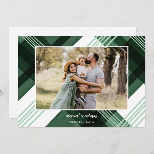 水絵を描色の格子緑のクリスマスフォト シーズンカード (正面/裏面)