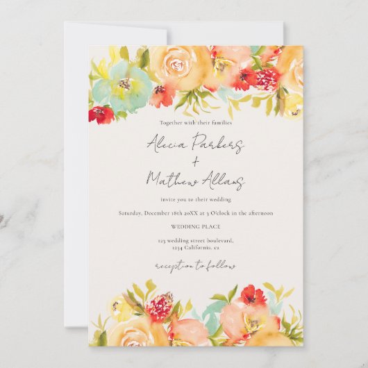 水絵を描色フローラ写真Qrコード結婚 招待状 (正面)