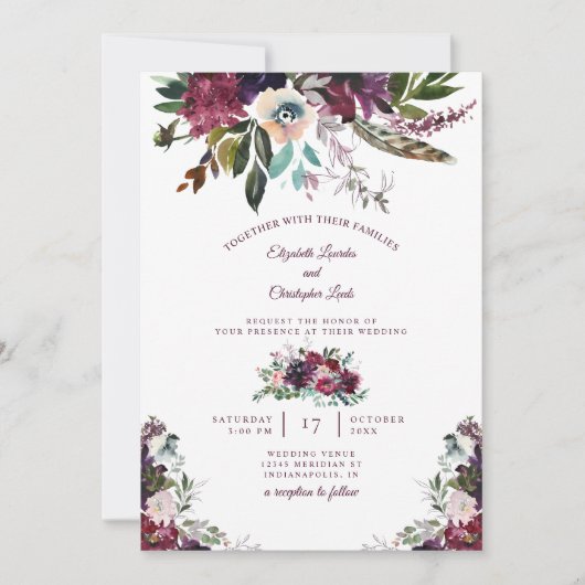 水絵を描色ブルゴーニュフローラ結婚ズ 招待状 (正面)