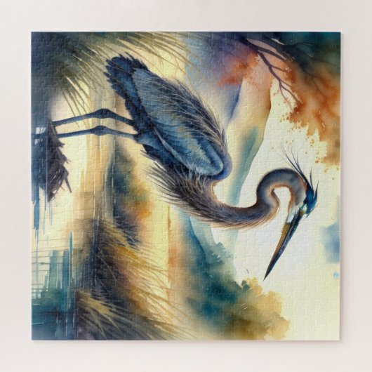 水絵画色の素晴らしアオサギ ジグソーパズル (横)