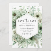 水自然お洒落色のセージ結婚グリーン セーブザデート (正面/裏面)