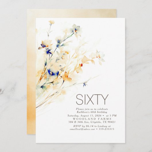 水自然色フラワーズ秋誕生日 招待状 (正面/裏面)