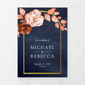 水自然色フローラテラコッタネイビー結婚ズ 三つ折り招待状 (カバー)