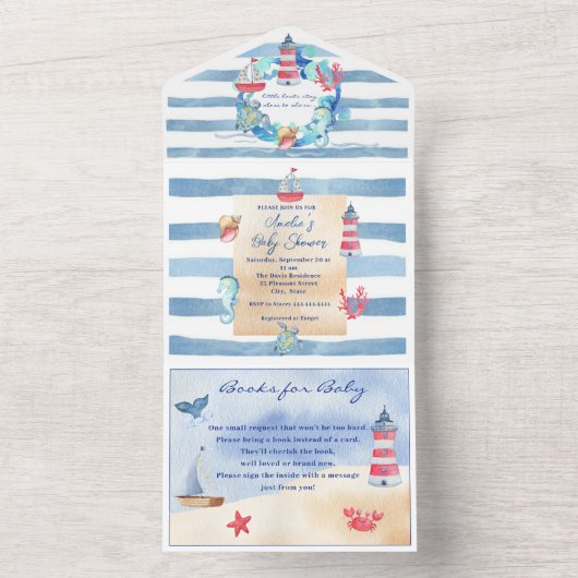水航海の男女兼用色の赤ちゃんシャワー オールインワン招待状 (内側)