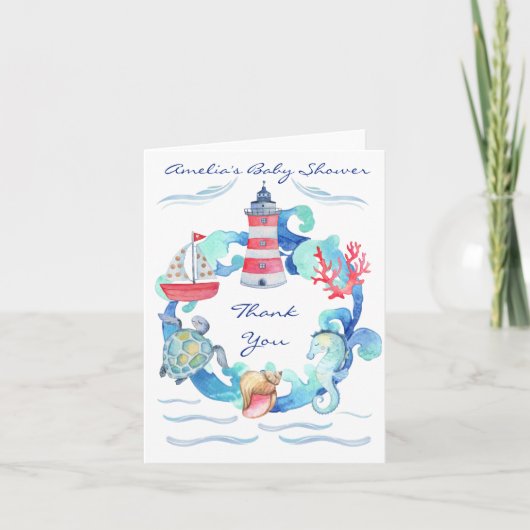 水航海の男女兼用色の赤ちゃんシャワー サンキューカード (正面)