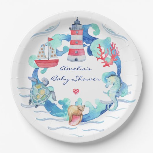 水航海の男女兼用色の赤ちゃんシャワー ペーパープレート (正面)