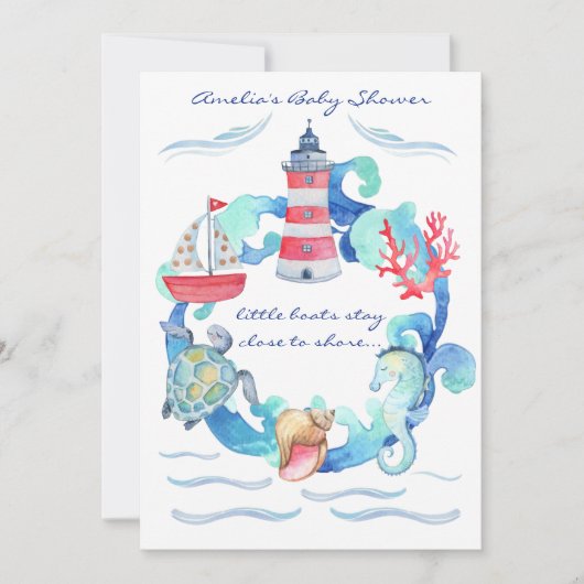 水航海の男女兼用色の赤ちゃんシャワー 招待状 (正面)