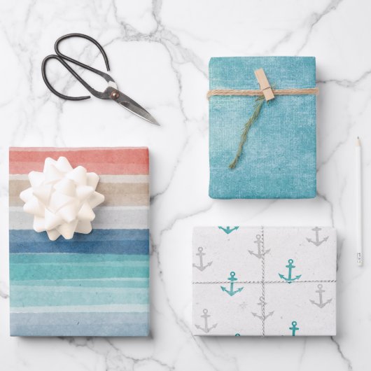 水航海の色のストライプいかりミックスnマッチ ラッピングペーパーシート (正面)