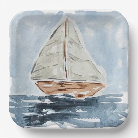 水航海の色の帆船の絵画赤ちゃんシャワー ペーパープレート (正面)