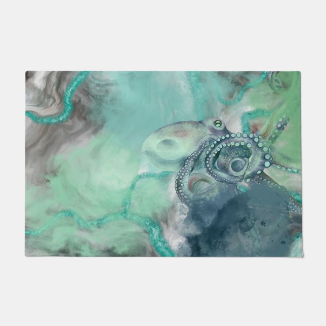 水航海の色アクア海タコ ドアマット (正面)