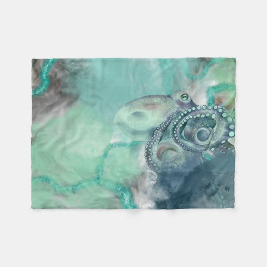 水航海の色アクア海タコ フリースブランケット (正面(横))