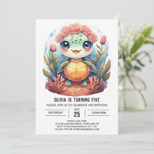 水航海の色タートルガール誕生日 招待状 (スタンド正面)