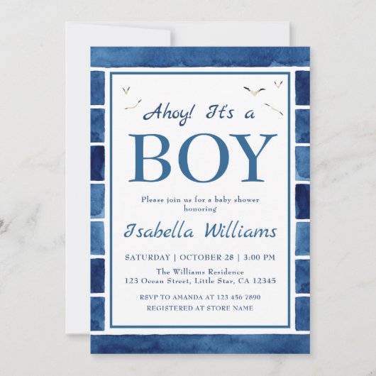 水航海の色ネイビーブルーボーイベビーシャワー 招待状 (正面)